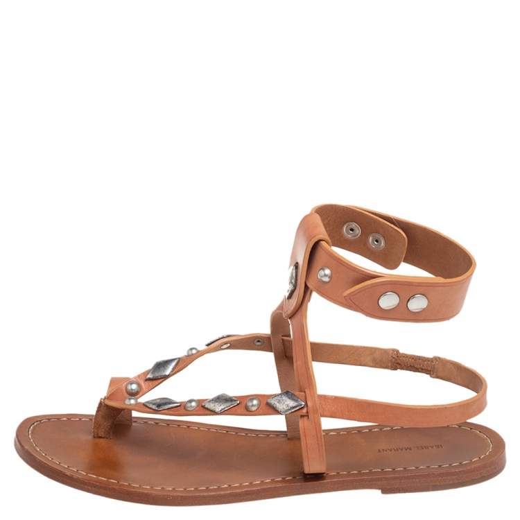 Pre Owned Isabel Marant Tan Studded Leather Ankle Strap Flat Sandals Size 39