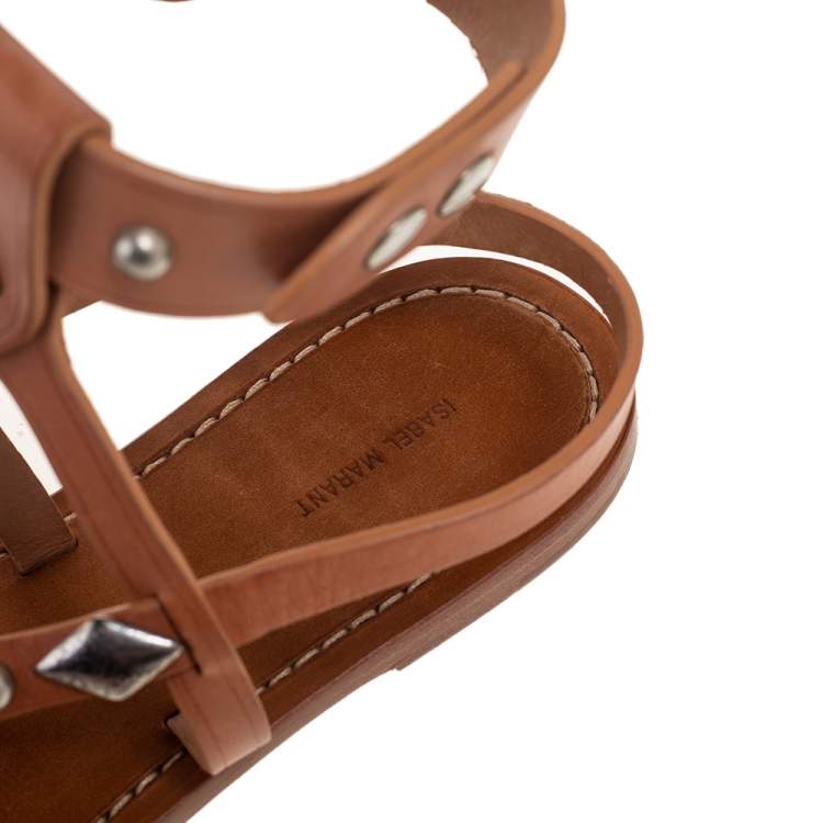Pre Owned Isabel Marant Tan Studded Leather Ankle Strap Flat Sandals Size 39