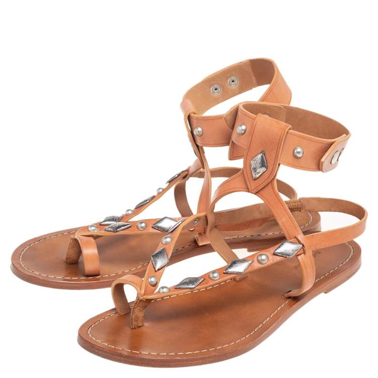 Pre Owned Isabel Marant Tan Studded Leather Ankle Strap Flat Sandals Size 39