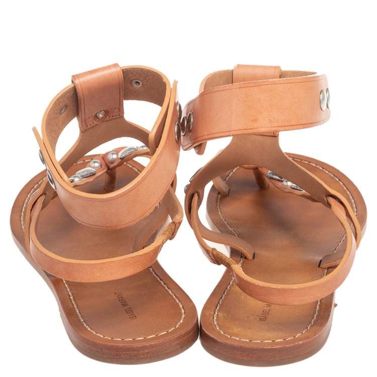 Pre Owned Isabel Marant Tan Studded Leather Ankle Strap Flat Sandals Size 39