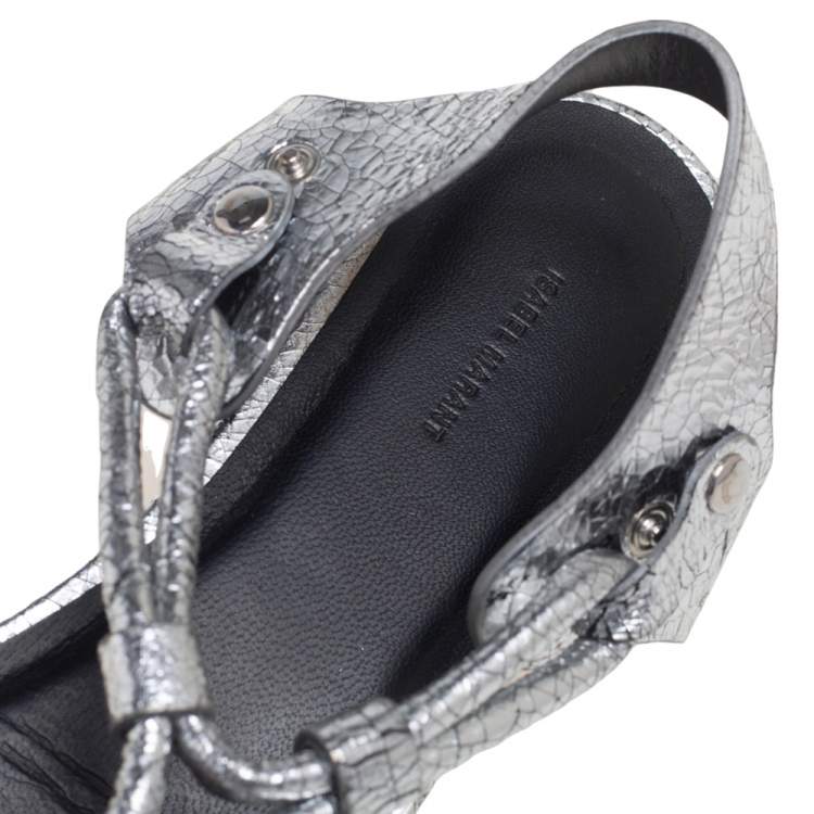 Pre Owned Isabel Marant Silver Crackled Leather Floral Applique Thong Flat Sandals Size 39