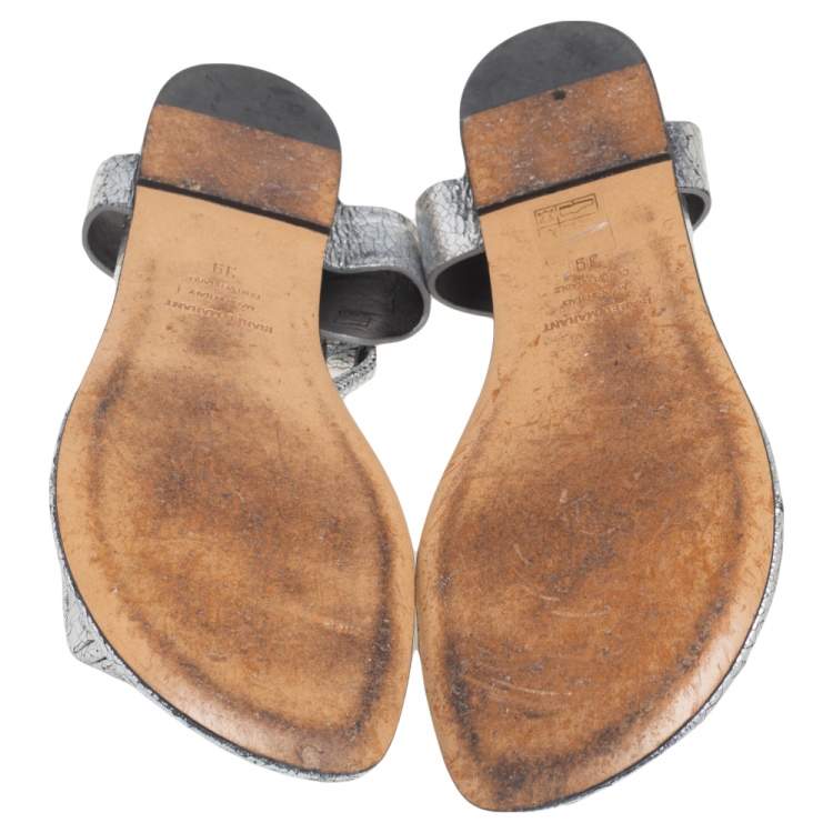 Pre Owned Isabel Marant Silver Crackled Leather Floral Applique Thong Flat Sandals Size 39