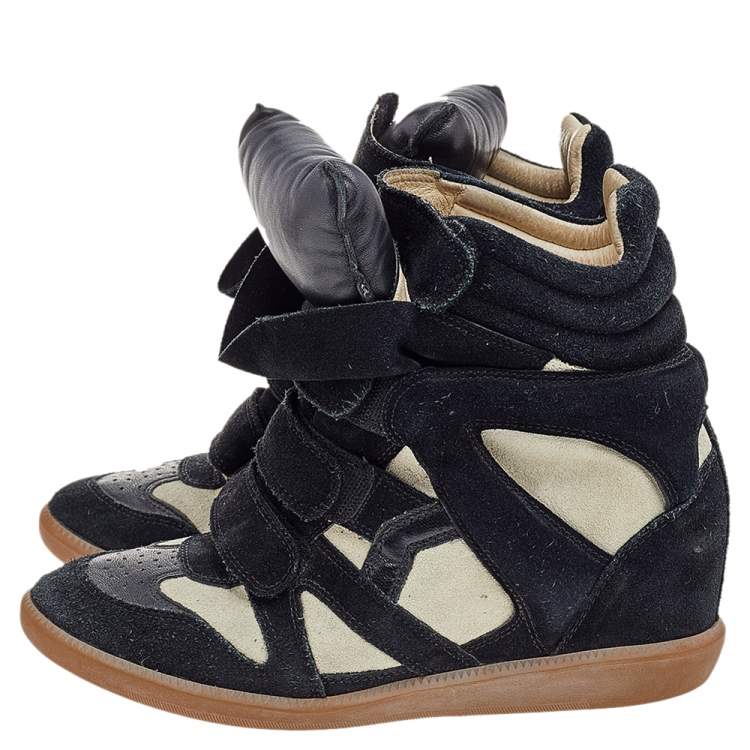Pre Owned Isabel Marant Black/Beige Suede and Leather Bekett Wedge Sneakers Size 39