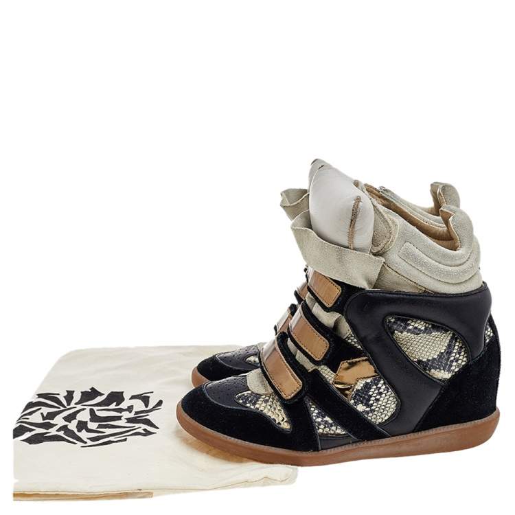 Pre Owned Isabel Marant Black/Grey Suede and Python Embossed Leather Beckett Wedge Sneakers Size 38