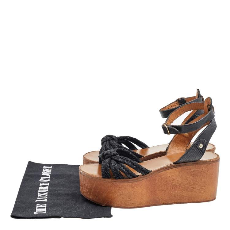 Pre Owned Isabel Marant Black Jute And Leather Knotted Wedge Platform Ankle Strap Sandals Size 36