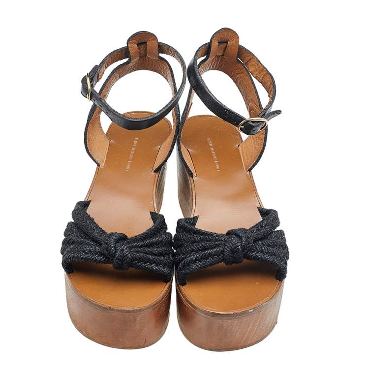 Pre Owned Isabel Marant Black Jute And Leather Knotted Wedge Platform Ankle Strap Sandals Size 36