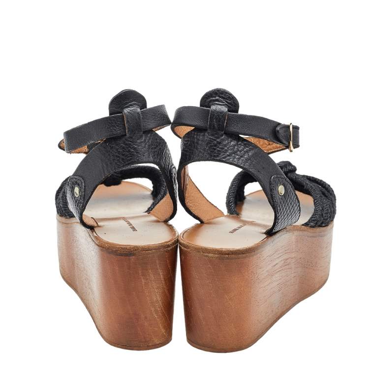 Pre Owned Isabel Marant Black Jute And Leather Knotted Wedge Platform Ankle Strap Sandals Size 36