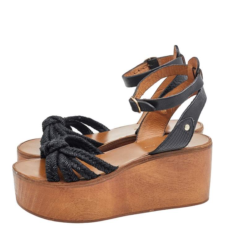 Pre Owned Isabel Marant Black Jute And Leather Knotted Wedge Platform Ankle Strap Sandals Size 36