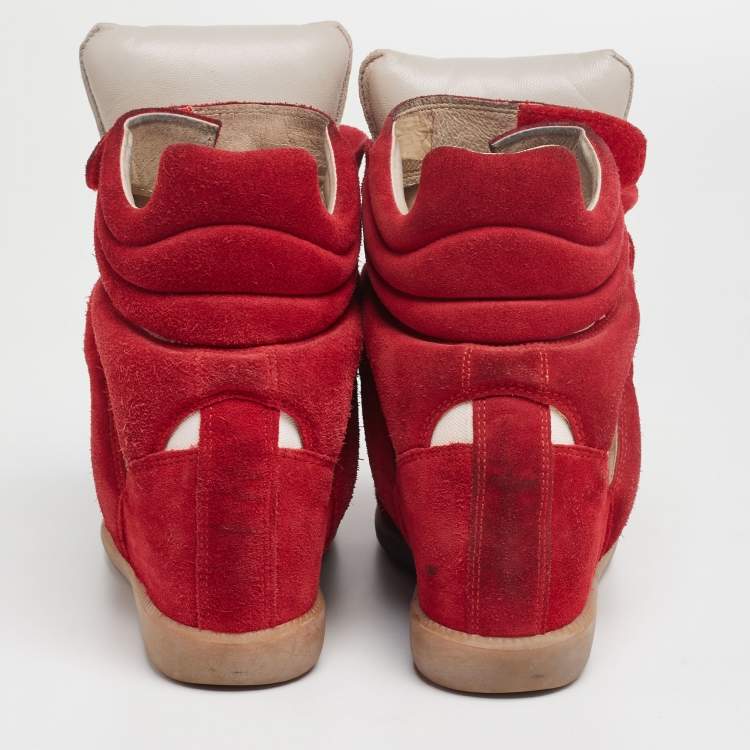 Pre Owned Isabel Marant Red/Cream Suede And Canvas Bekett Wedge High Top Sneaker Size 40