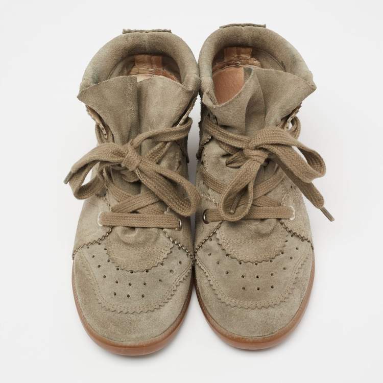 Pre Owned Isabel Marant Olive Green Suede Bobby Wedge Sneakers Size 39