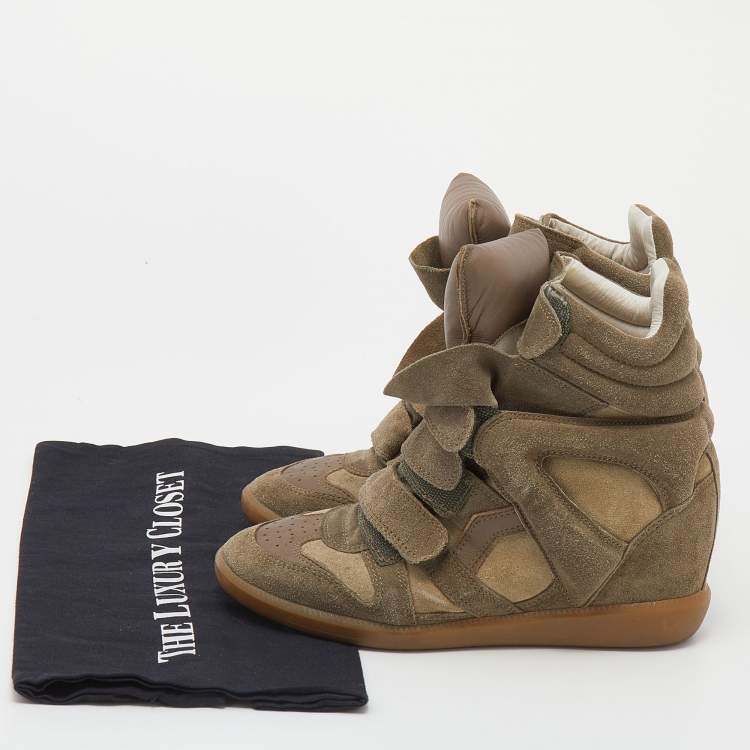 Pre Owned Isabel Marant Olive Green/Brown Suede And Leather Bekett Wedge High Top Sneakers Size 38