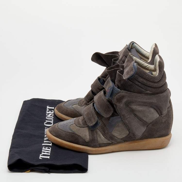 Pre Owned Isabel Marant Grey/Brown Suede And Leather Bekett Wedge Sneakers Size 39