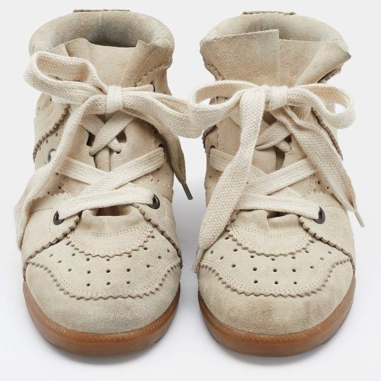 Pre Owned Isabel Marant Cream Perforated Suede Wedge Sneakers Size 38