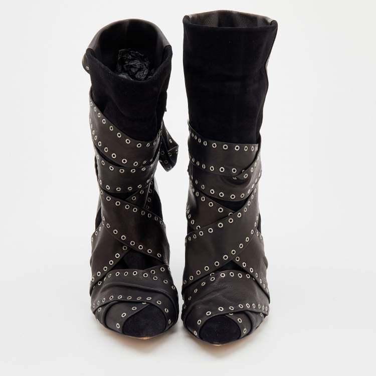 Pre Owned Isabel Marant Black Leather And Suede Eyelet Embellished Ankle Wrap Boots Size 41
