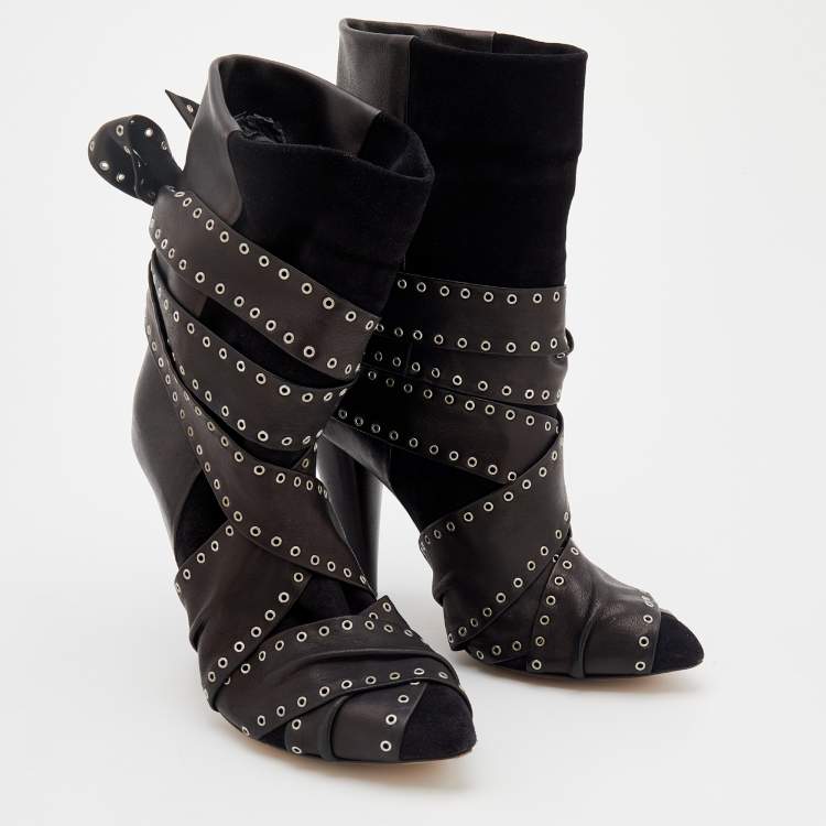 Pre Owned Isabel Marant Black Leather And Suede Eyelet Embellished Ankle Wrap Boots Size 41
