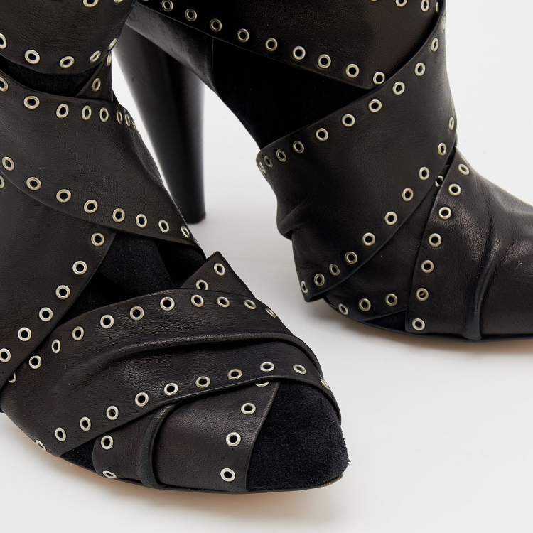 Pre Owned Isabel Marant Black Leather And Suede Eyelet Embellished Ankle Wrap Boots Size 41