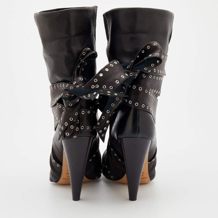 Pre Owned Isabel Marant Black Leather And Suede Eyelet Embellished Ankle Wrap Boots Size 41
