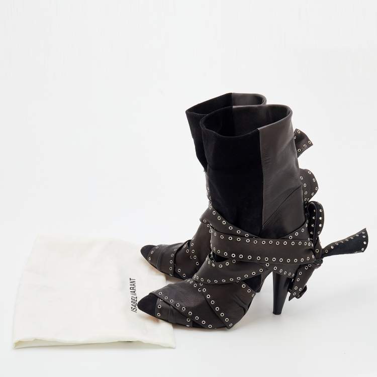 Pre Owned Isabel Marant Black Leather And Suede Eyelet Embellished Ankle Wrap Boots Size 41