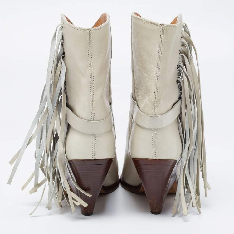 Pre Owned Isabel Marant Grey Leather Fringe Detail Loffen Ankle Length Boots Size 37