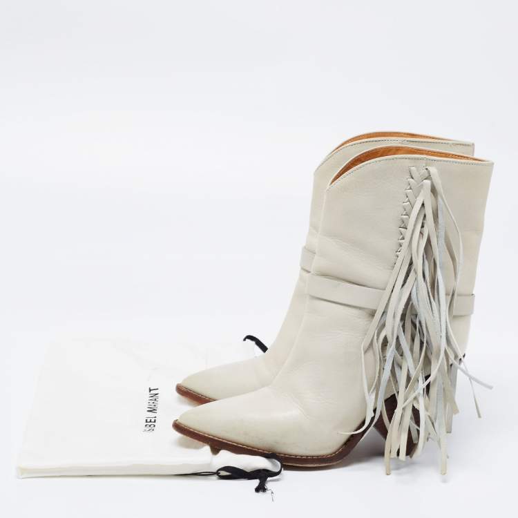 Pre Owned Isabel Marant Grey Leather Fringe Detail Loffen Ankle Length Boots Size 37