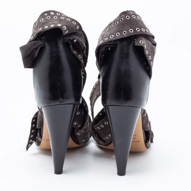 Pre Owned Isabel Marant Grey Eyelet Suede Anaid Cross Strap Wrap Around Sandals Size 40
