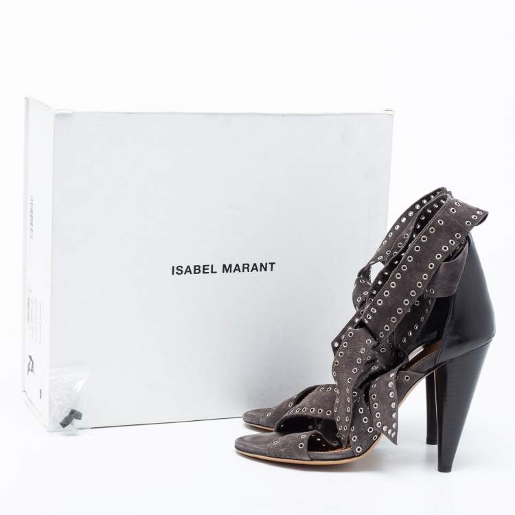 Pre Owned Isabel Marant Grey Eyelet Suede Anaid Cross Strap Wrap Around Sandals Size 40