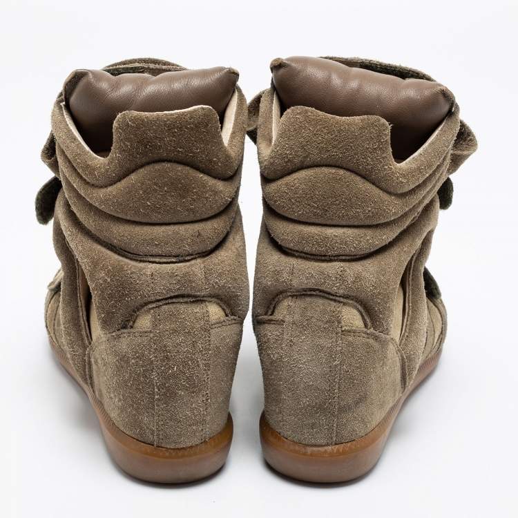 Pre Owned Isabel Marant Green/Beige Suede And Leather Bekett Wedge Sneakers Size 38