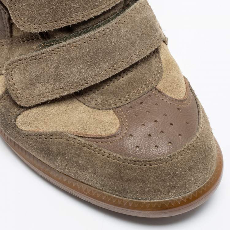 Pre Owned Isabel Marant Green/Beige Suede And Leather Bekett Wedge Sneakers Size 38