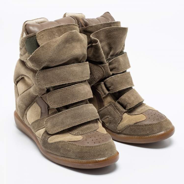 Pre Owned Isabel Marant Green/Beige Suede And Leather Bekett Wedge Sneakers Size 38