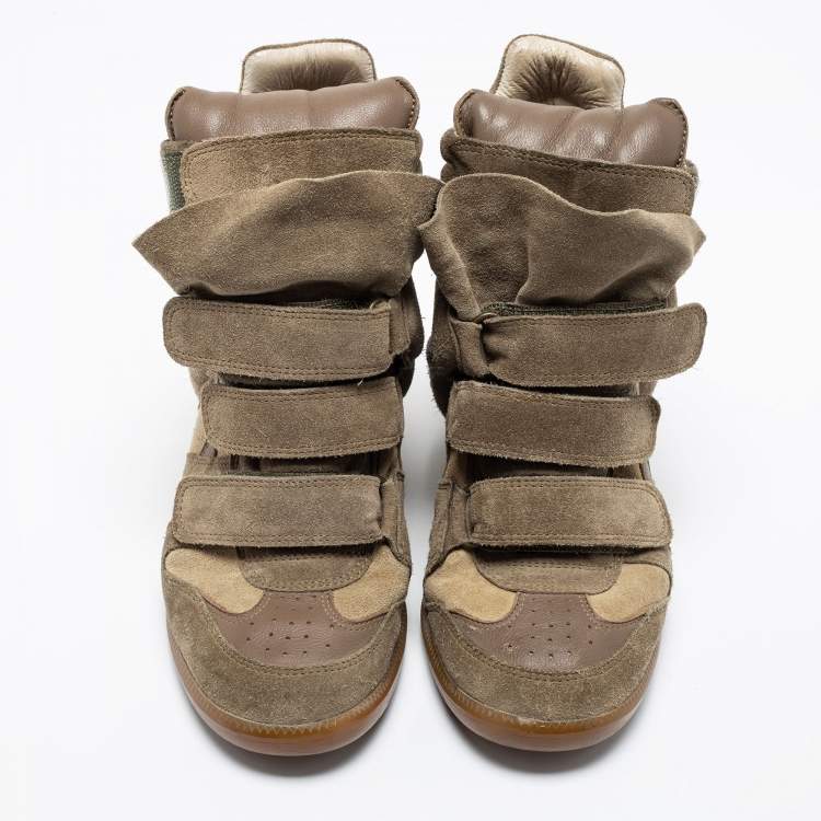 Pre Owned Isabel Marant Green/Beige Suede And Leather Bekett Wedge Sneakers Size 38