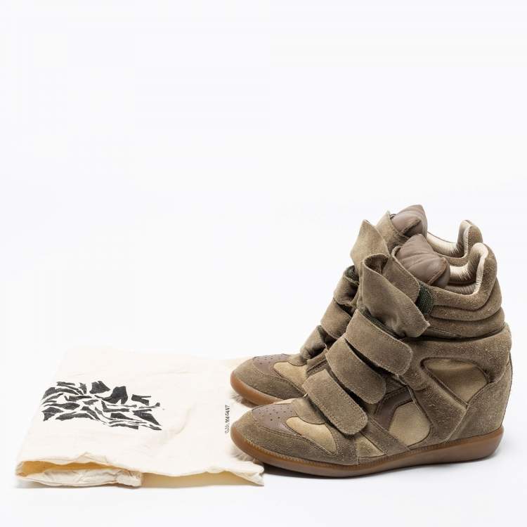 Pre Owned Isabel Marant Green/Beige Suede And Leather Bekett Wedge Sneakers Size 38