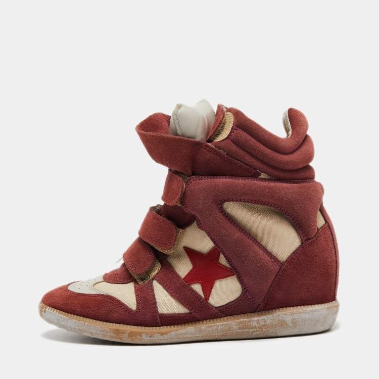 Pre Owned Isabel Marant Brown/Burgundy Suede And Leather Bekett Wedge Sneakers Size 39