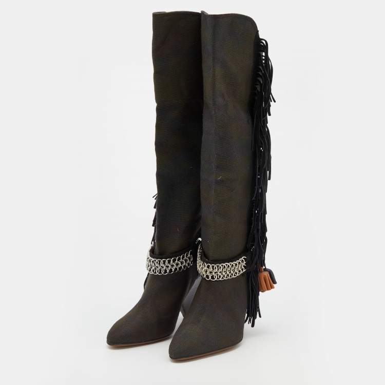 Pre Owned Isabel Marant Multicolor Canvas and Leather Knee Length Boots Size 40