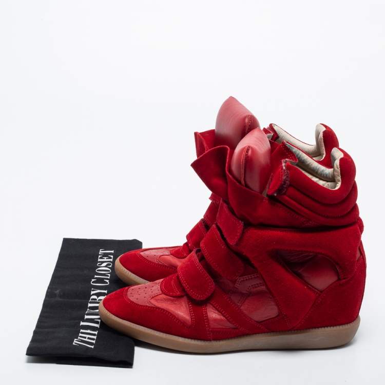 Pre Owned Isabel Marant Red Suede and Leather Bekett Wedge Sneakers Size 39
