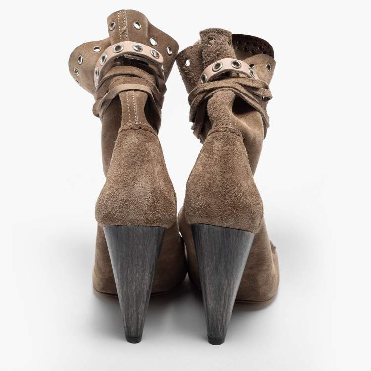 Pre Owned Isabel Marant Beige Suede Mossa Studded Cut Out Ankle Boots Size 38