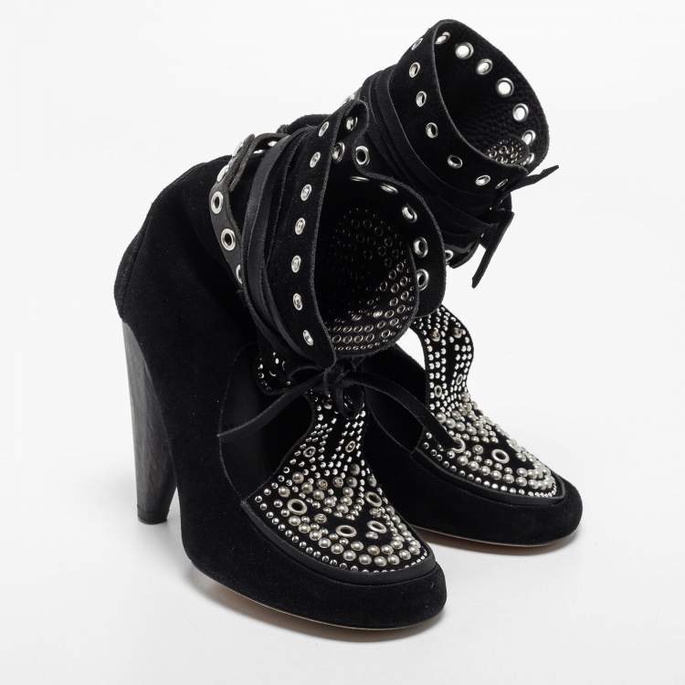 Pre Owned Isabel Marant Black Suede Mossa Studded Cutout Ankle Boots Size 37