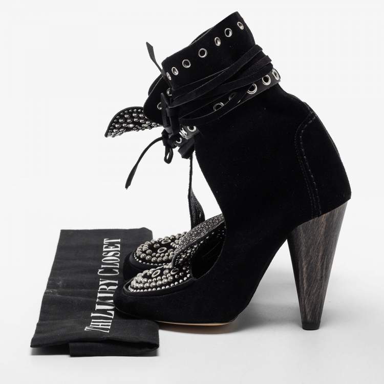 Pre Owned Isabel Marant Black Suede Mossa Studded Cutout Ankle Boots Size 37