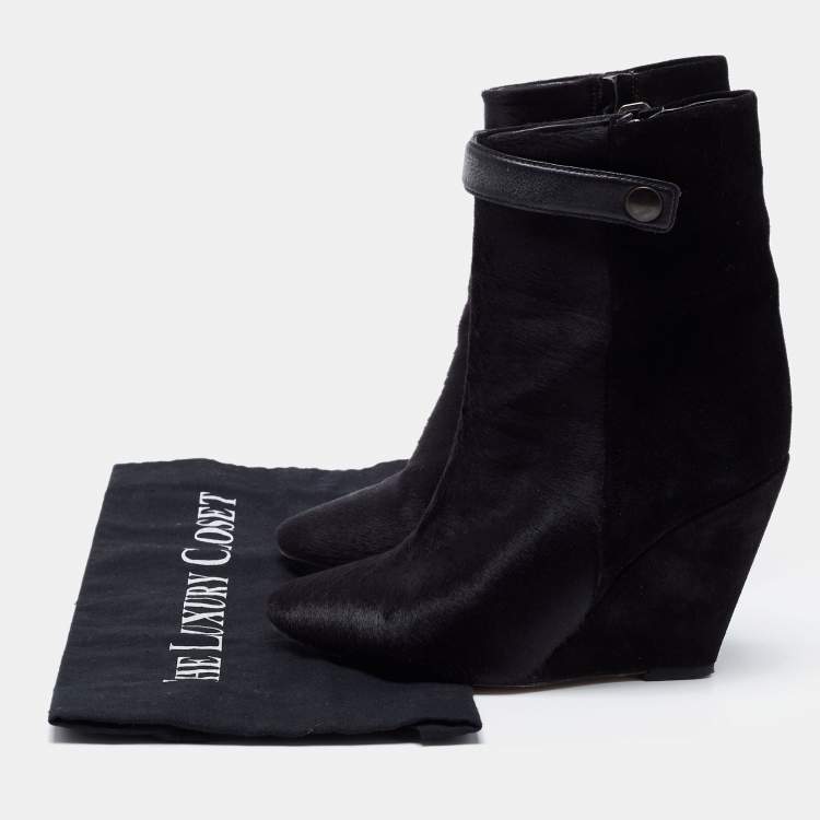 Pre Owned Isabel Marant Black Calf Hair and Suede Wedge Ankle Boots Size 36