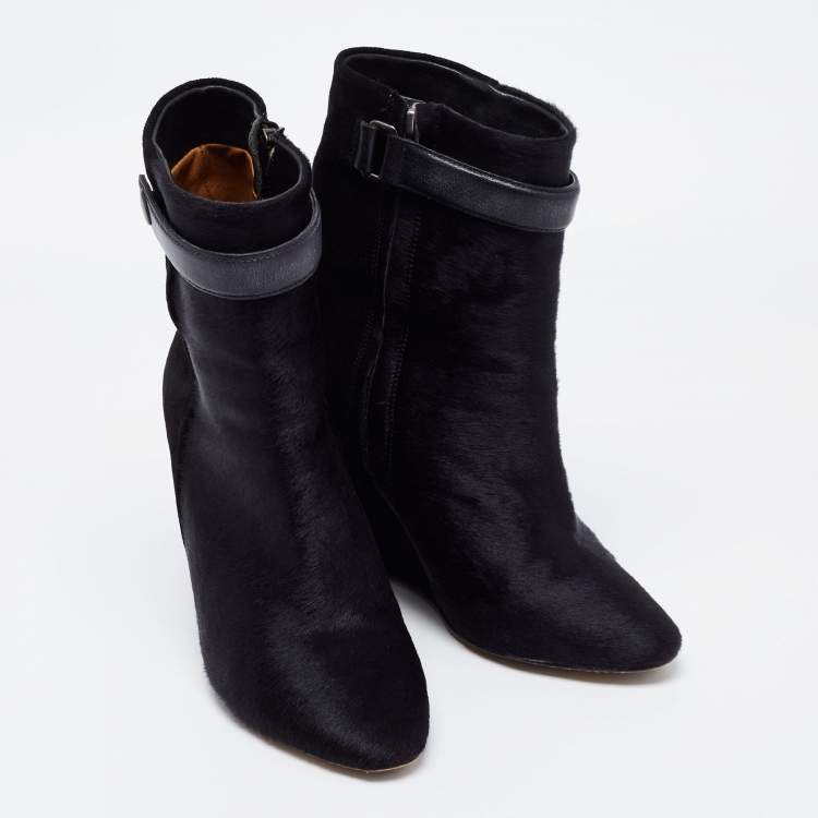 Pre Owned Isabel Marant Black Calf Hair and Suede Wedge Ankle Boots Size 36