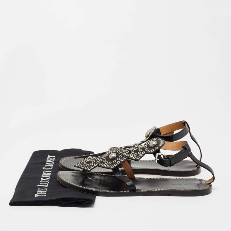 Pre Owned Isabel Marant Black Leather Eyelet Embellished Thong Flat Sandals Size 41