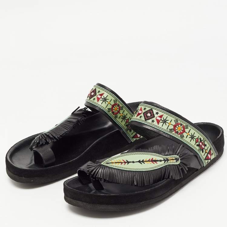 Marant Green/Black Leather Embroidered Ebann Slides Isabel Marant | TLC