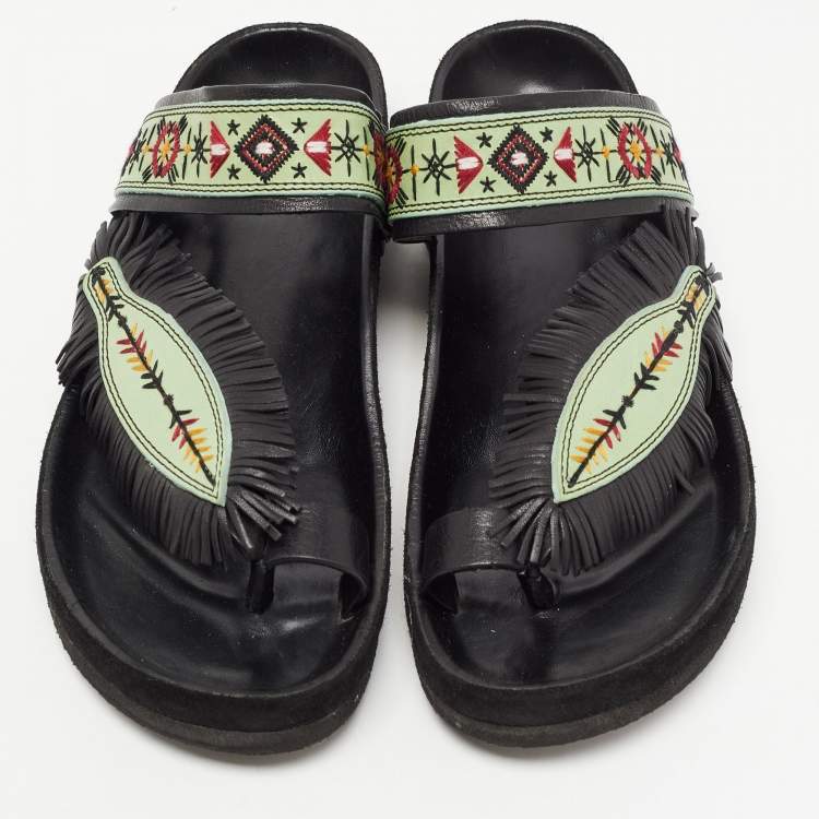 Pre Owned Isabel Marant Green/Black Leather Embroidered Ebann Slides Size 39