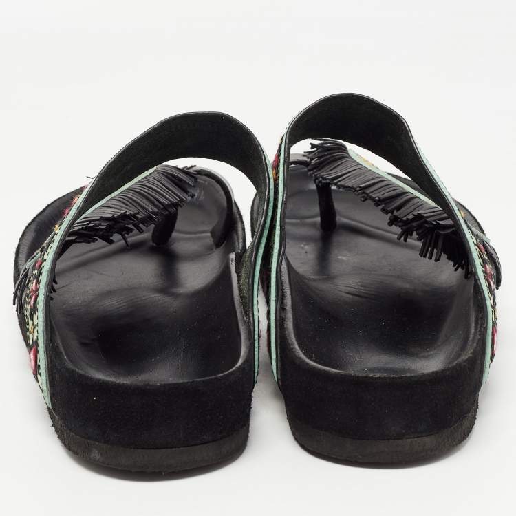 Pre Owned Isabel Marant Green/Black Leather Embroidered Ebann Slides Size 39