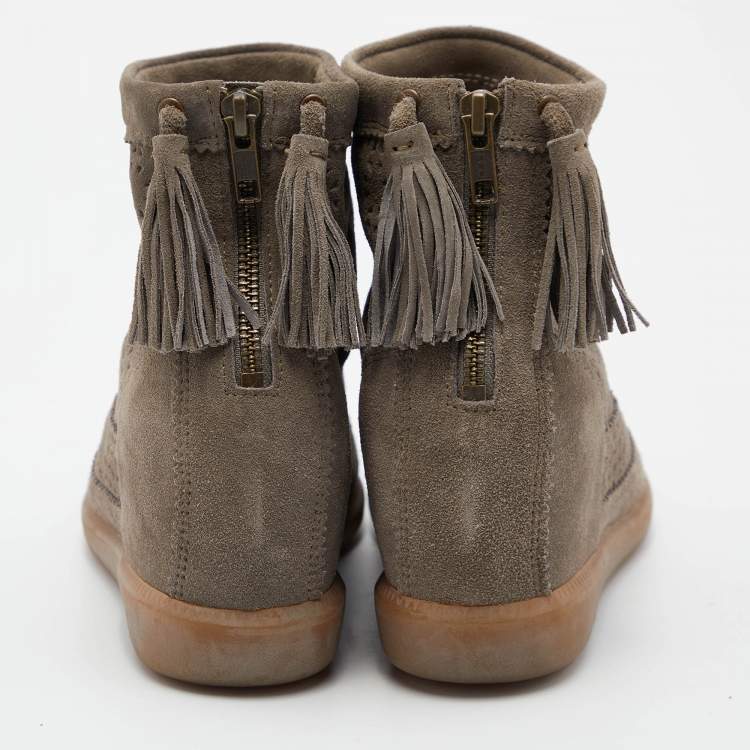 Pre Owned Isabel Marant Grey Cutout Suede Tassel Embellished "Beslay" Wedge Ankle Boots Size 38