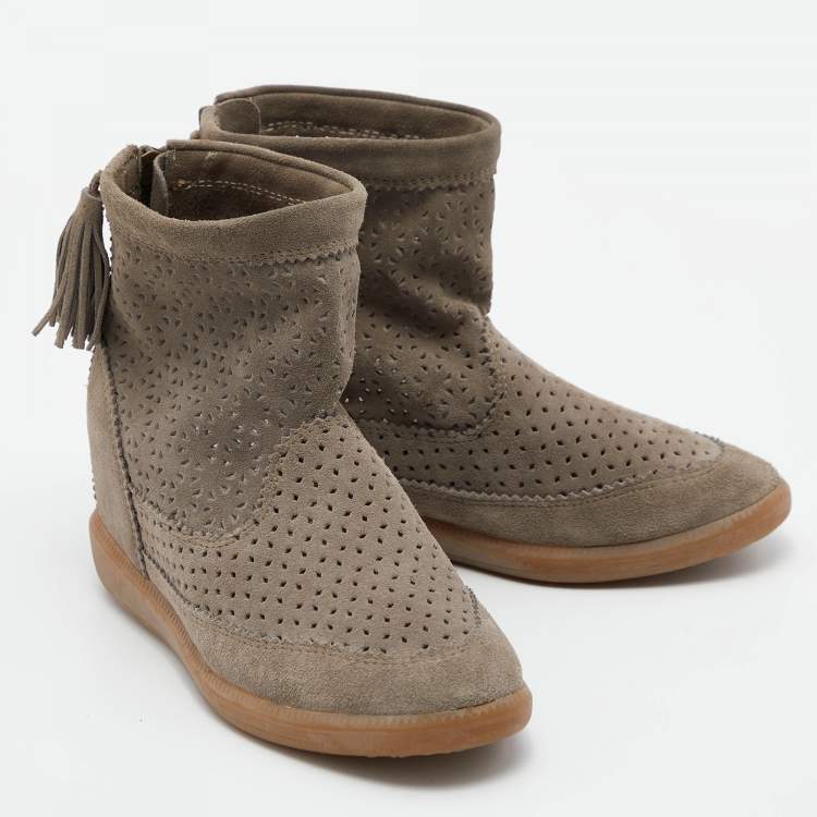 Pre Owned Isabel Marant Grey Cutout Suede Tassel Embellished "Beslay" Wedge Ankle Boots Size 38
