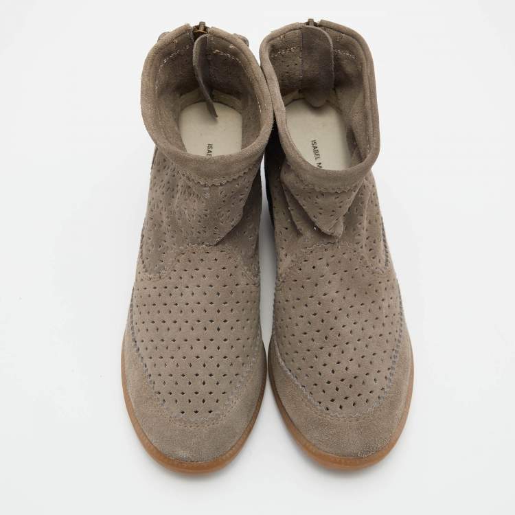 Pre Owned Isabel Marant Grey Cutout Suede Tassel Embellished "Beslay" Wedge Ankle Boots Size 38
