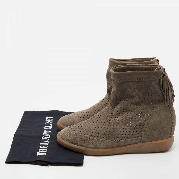 Pre Owned Isabel Marant Grey Cutout Suede Tassel Embellished "Beslay" Wedge Ankle Boots Size 38