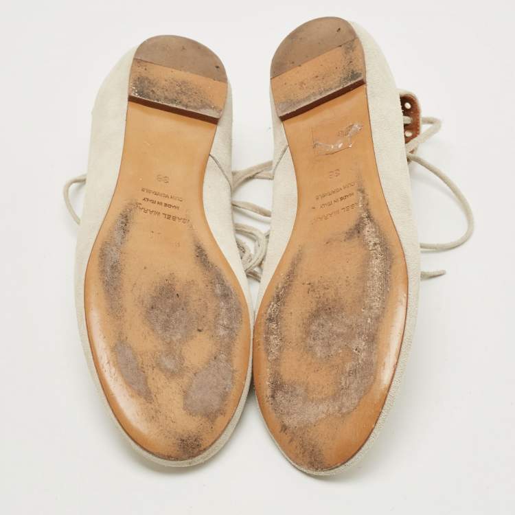 Pre Owned Isabel Marant Light Grey Suede Leo Eyelet Ankle Tie Ballet Flats Size 38