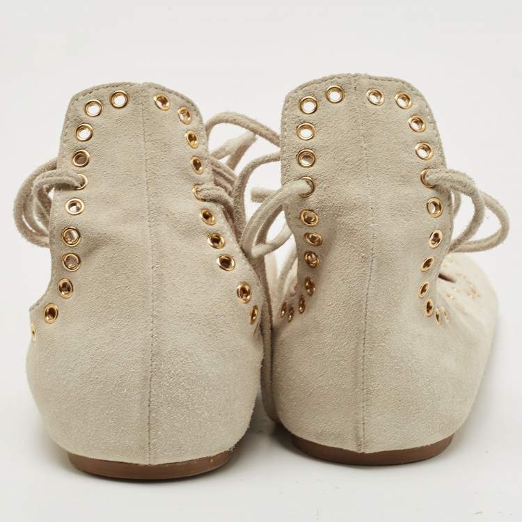 Pre Owned Isabel Marant Light Grey Suede Leo Eyelet Ankle Tie Ballet Flats Size 38