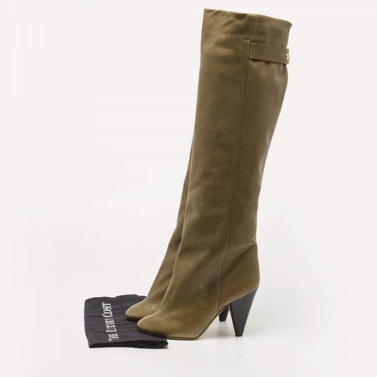 Pre Owned Isabel Marant Olive Green Leather Knee Length Boots Size 38